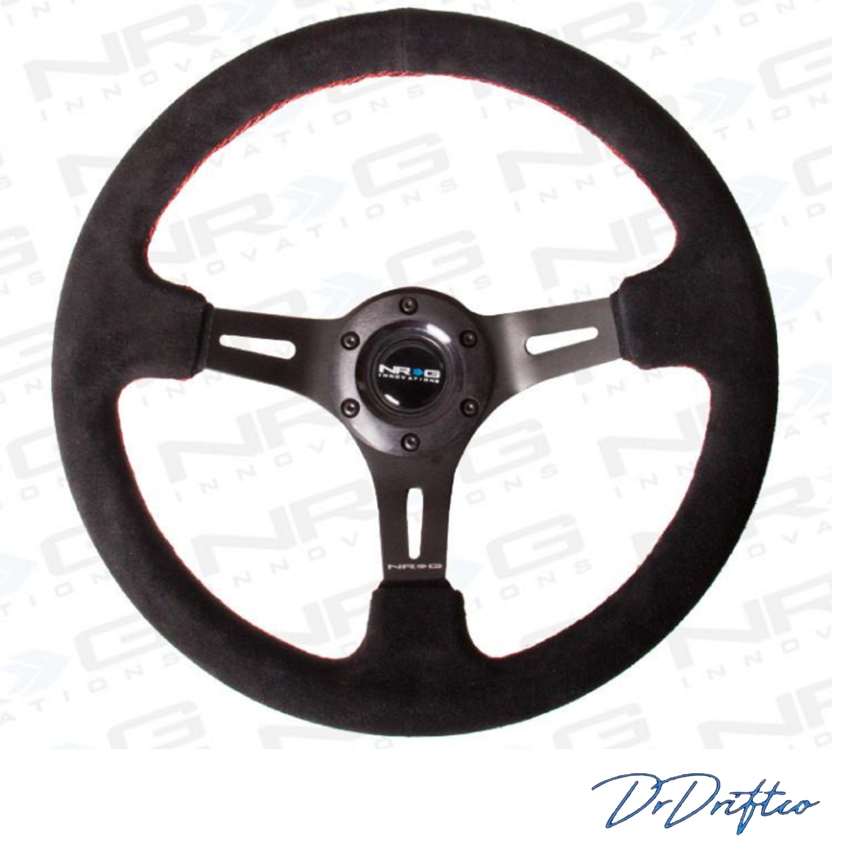 BEST SELLING-NRG Black Leather Steering Wheel (3″ Deep), 350mm, 3 spoke center in Black/Chrome Gold/NeoChrome/Rose Gold/ Green/Red Stitch