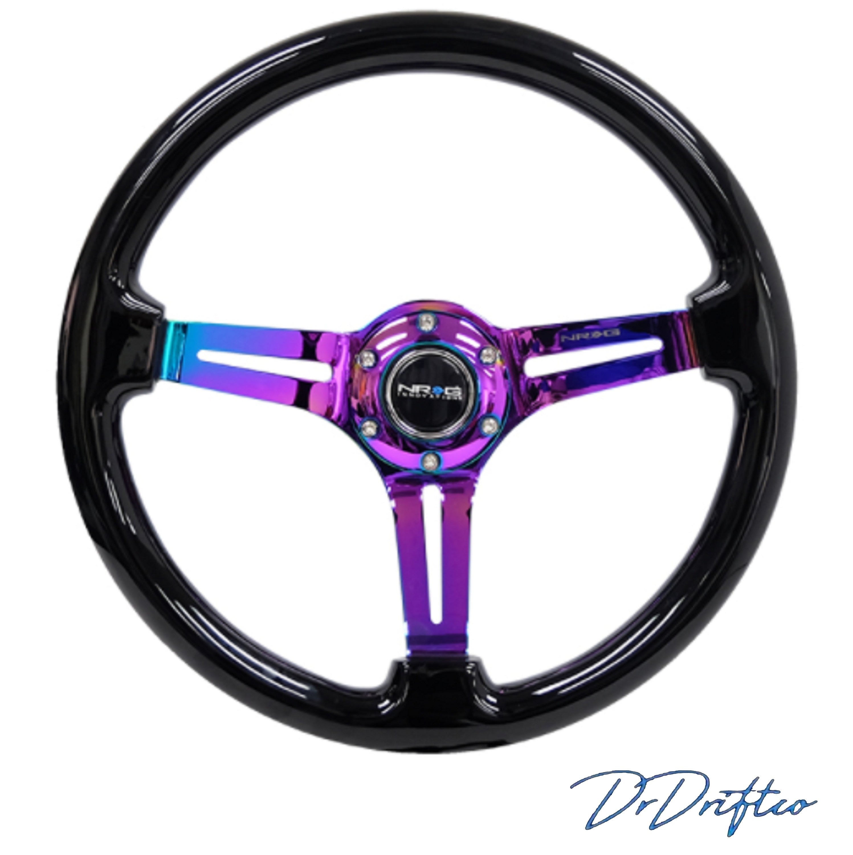 NRG Reinforced Steering Wheel (350mm / 3in Deep) Classic Black Wood Grain-Neochrome or Matte Black 3 Split Spoke Center