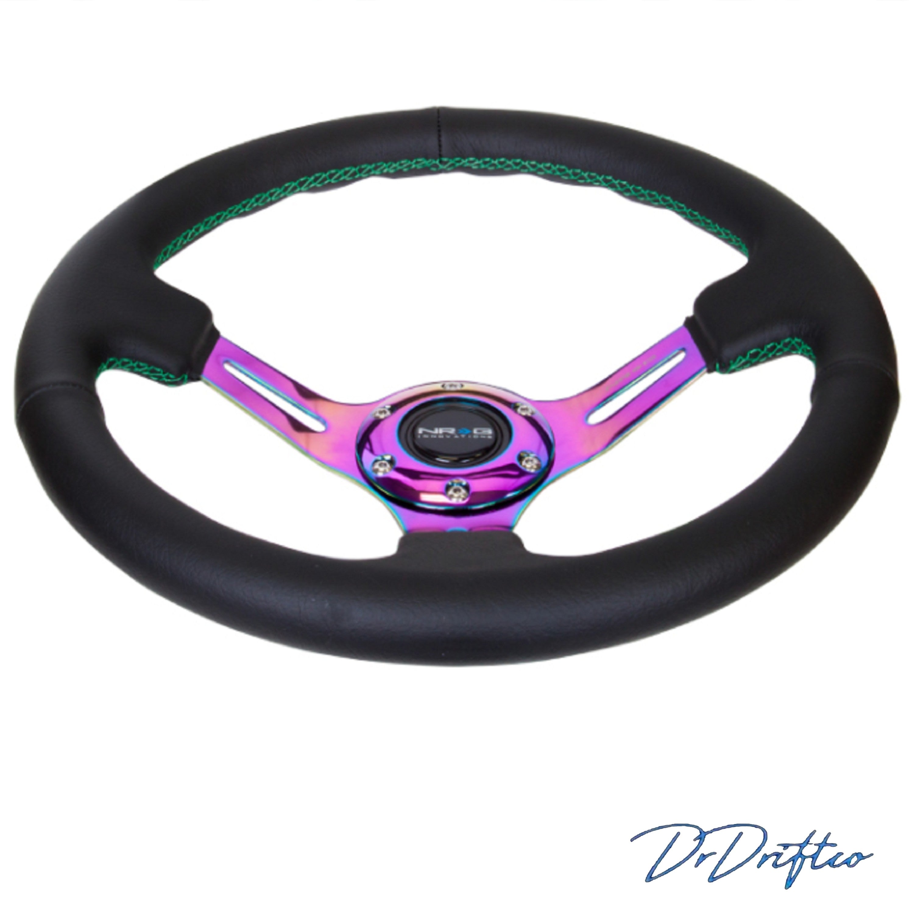 BEST SELLING-NRG Black Leather Steering Wheel (3″ Deep), 350mm, 3 spoke center in Black/Chrome Gold/NeoChrome/Rose Gold/ Green/Red Stitch