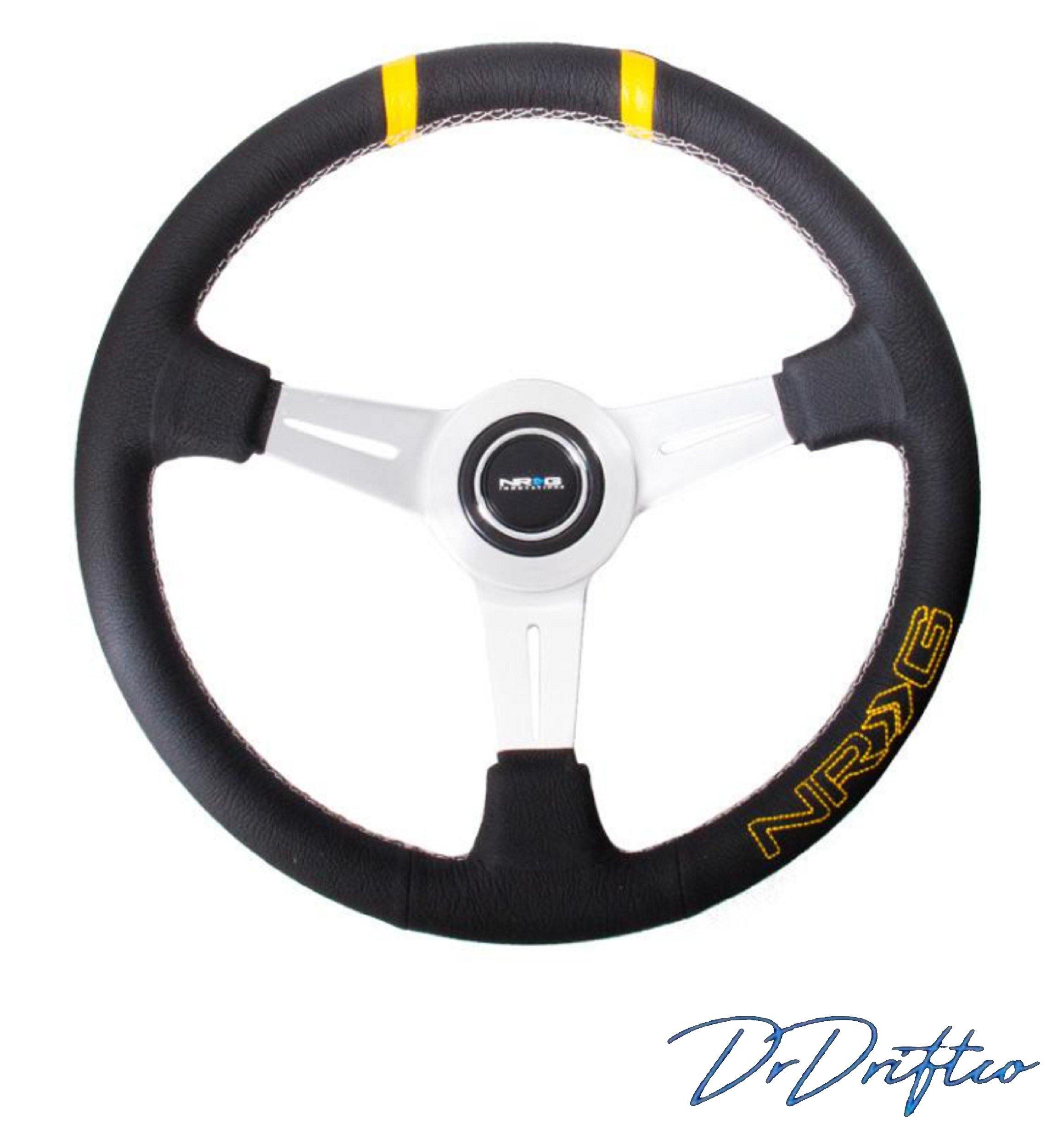 NRG 360mm Sport Steering wheel – Black leather w/ White stitching. Double yellow Center Marking, yellow stitched NRG logo - DrDriftco