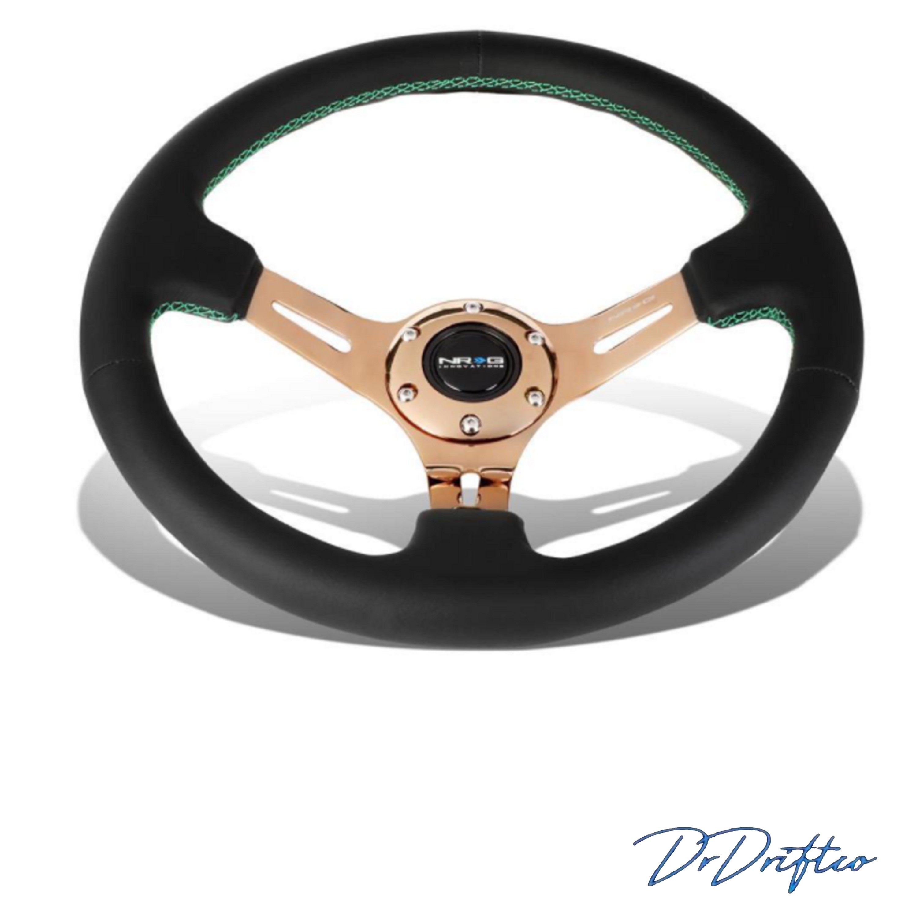 BEST SELLING-NRG Black Leather Steering Wheel (3″ Deep), 350mm, 3 spoke center in Black/Chrome Gold/NeoChrome/Rose Gold/ Green/Red Stitch