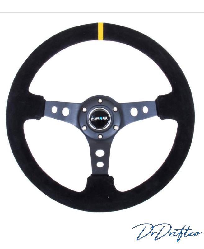 NRG Reinforced Steering Wheel – 350mm Sport Steering Wheel (3″ Deep) – Suede Black Stitch w/ Yellow Center Mark - DrDriftco