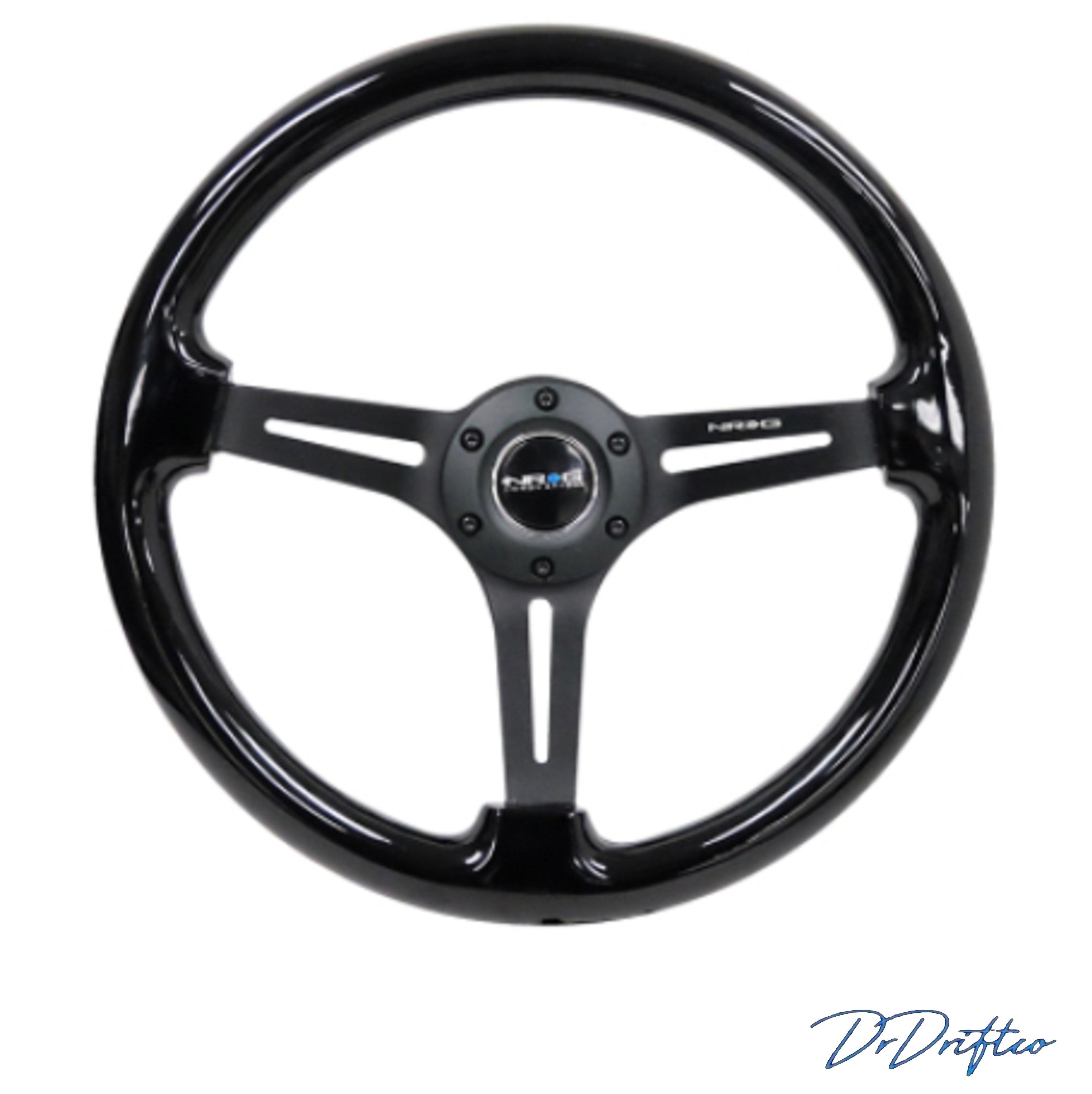 NRG Reinforced Steering Wheel (350mm / 3in Deep) Classic Black Wood Grain-Neochrome or Matte Black 3 Split Spoke Center