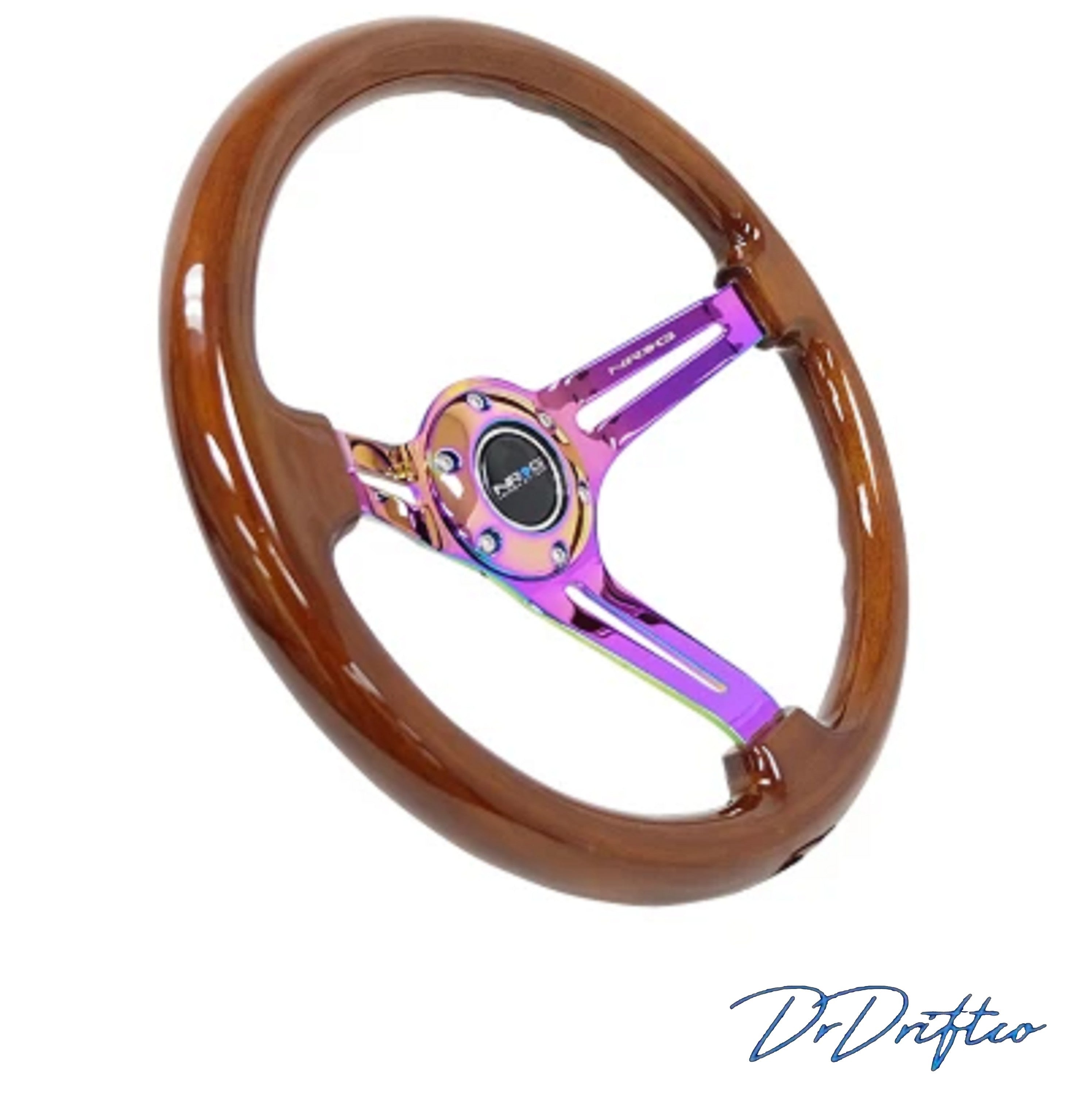 NRG Reinforced Steering Wheel (350mm / 3in. Deep) Brown Wood-Black Matte Spoke or Neo Chrome